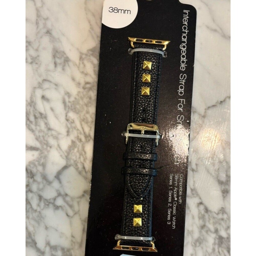 NEW I.N.C. Women's Black Faux‎ Leather W Gold Trim 38mm Apple Watch Band Strap